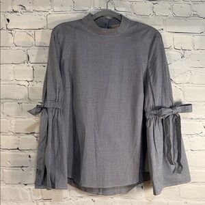 Como Vintage Micro Gingham Gray and White Blouse with Bow Bell Sleeves